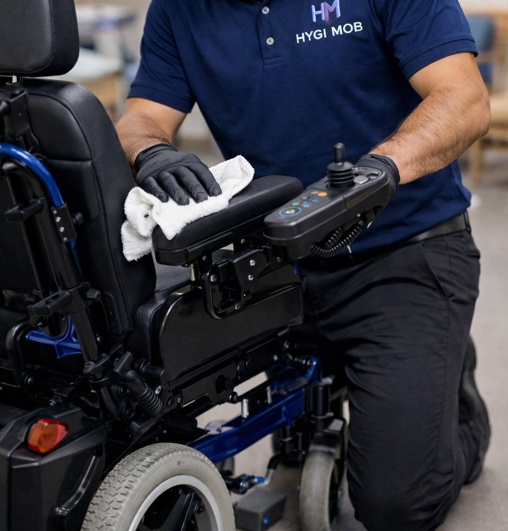 Technicien HYGI MOB désinfectant l'accoudoir et la commande d'un fauteuil roulant électrique