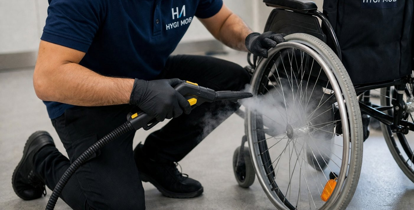 Technicien HYGI MOB désinfectant la roue d'un fauteuil roulant au nettoyeur vapeur sur site