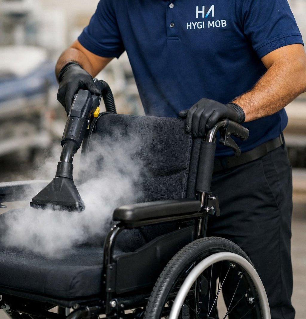 Technicien HYGI MOB désinfectant un fauteuil roulant au nettoyeur vapeur